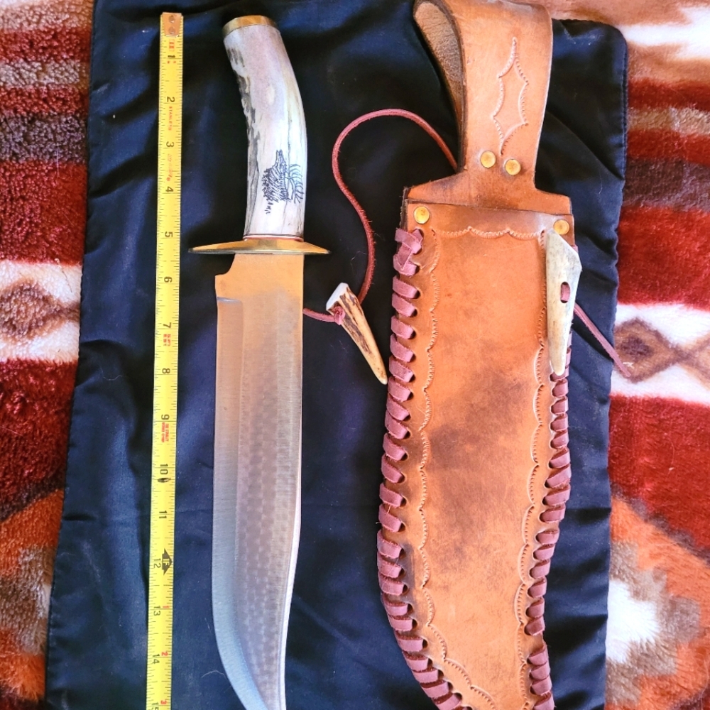 Ken Richardson Custom Large Bowie Knife With Elk Handle And Matching Sheath.
